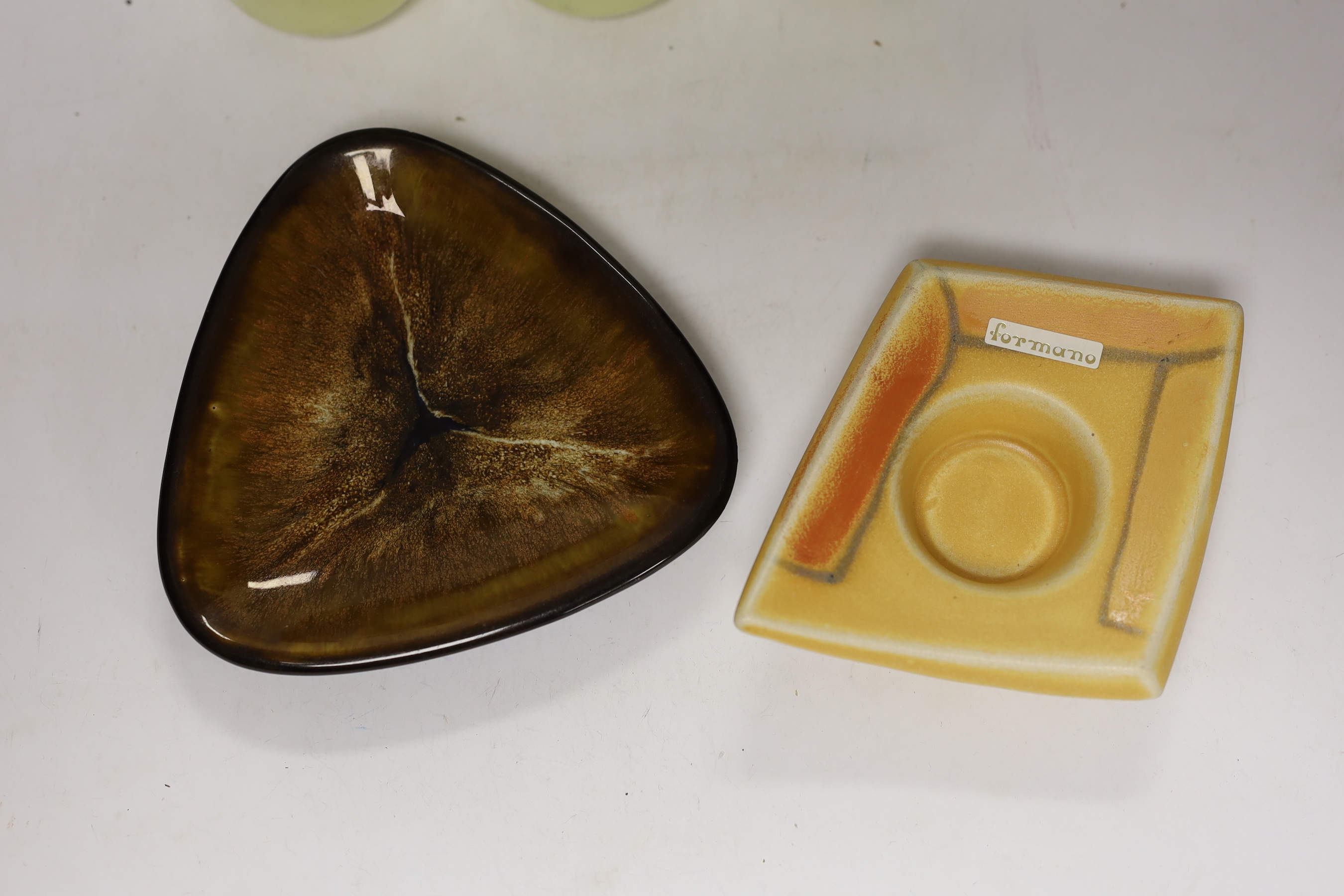 Assorted West German and Italian Feramano mid-century pottery including ashtray and cups, tallest 19cm